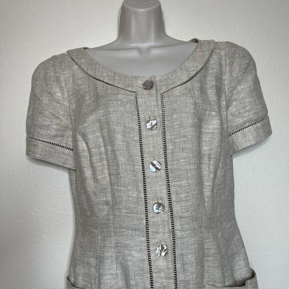 Vintage Marie St Claire Linen Button Front Neutral Tan Sheath Dress Women 12 - Picture 3 of 12